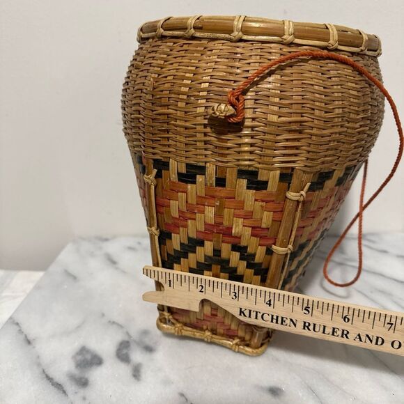 Antique Laotian gathering Woven Basket with Red and Black Pattern - Picture 15 of 16